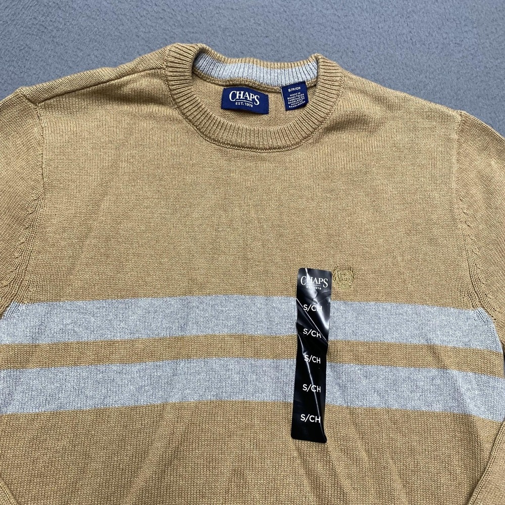 Chaps Sweater Mens Small Beige Gray Stripe Cotton Crewneck Knit Pullover Logo - Picture 2 of 8